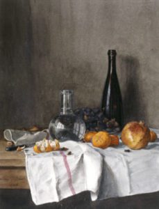 Nature morte baroque mettant en scène un verre de vin, un citron, une tarte entamée, illustrant le thème de la vanité. Le vin devient un symbole de fragilité rappelant la fugacité de la vie et les plaisirs matériels.