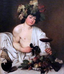 Bacchus de Caravage, chef d'oeuvre Baroque illustre le vin comme symbole de plasir et d'exubérance. Représenté couronné de feuilles de vigne, vêtu d'un drapé léger et tenant une coupe de vin, Bacchus adopte une posture détendue, évoquant la dégustation et la désinhibition.