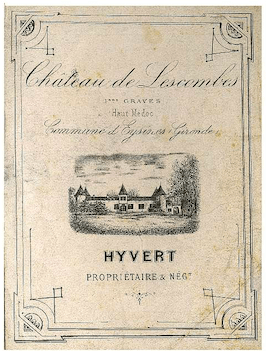 Ancienne étiquette de vin du Château de Lescombes en Haut Médoc, illustrant les informations essentielles d'un vin, telles que l'appellation, le producteur et la région.