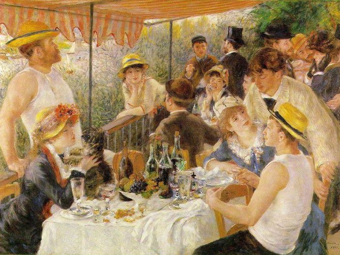 Le Déjeuner des canotiers de Renoir, illustre une atmosphère estival. Les canotiers partagent un repas autour du vin symbolisant le vin dans l'art.