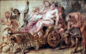 Peinture baroque représentant Bacchus, dieu du vin et de l'ivresse, triomphalement installé par un char tiré par des lions.